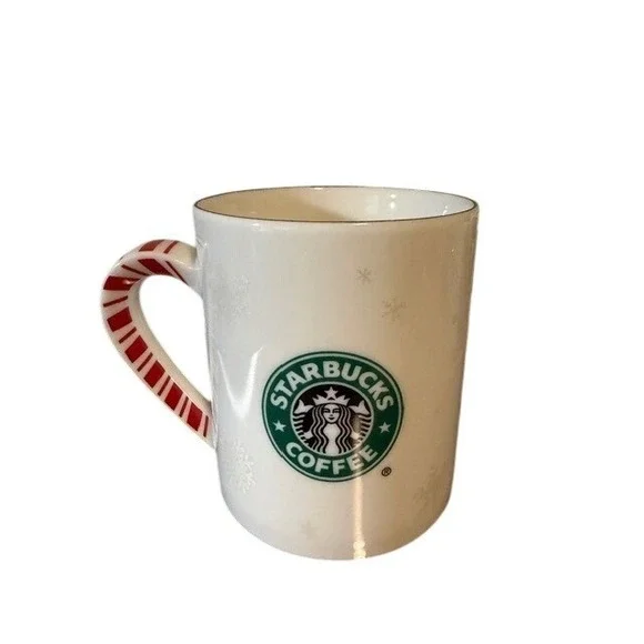 Starbucks Vintage 2001 Candy Cane Handle Mug White Snowflake Christmas Coffee - Picture 2 of 5